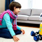 Personalized Companion Robot in a Home Setting**

"A friendly companion robot in a modern living room, fully clothed with customizable accessories like a colorful scarf, interacting with a child who is teaching the robot family member recognition, appropriate attire, safe for work, perfect anatomy, natural proportions, professional, well-formed hands, proper finger count, natural body proportions, safe for work, appropriate content, fully clothed, family-friendly."

**