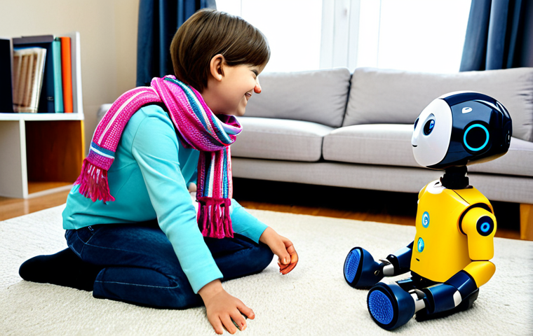 Personalized Companion Robot in a Home Setting**

"A friendly companion robot in a modern living room, fully clothed with customizable accessories like a colorful scarf, interacting with a child who is teaching the robot family member recognition, appropriate attire, safe for work, perfect anatomy, natural proportions, professional, well-formed hands, proper finger count, natural body proportions, safe for work, appropriate content, fully clothed, family-friendly."

**